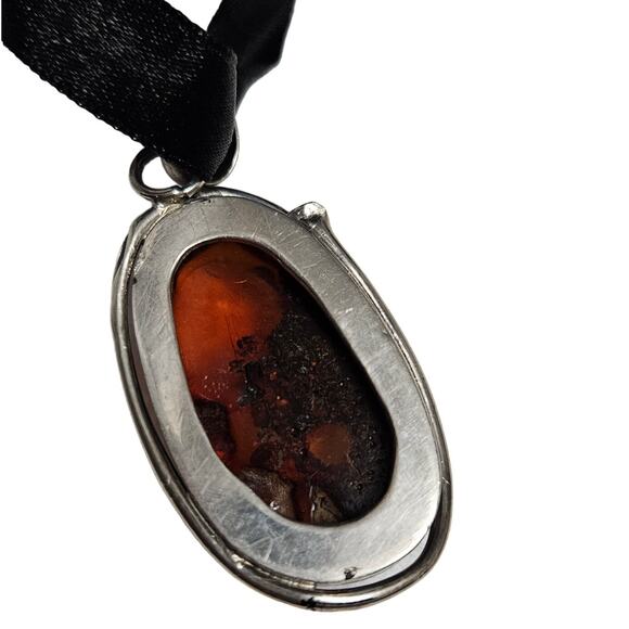 Honey Amber .925 Silver Large Wrapped Pendant Black Ribbon Necklace - Picture 5 of 6